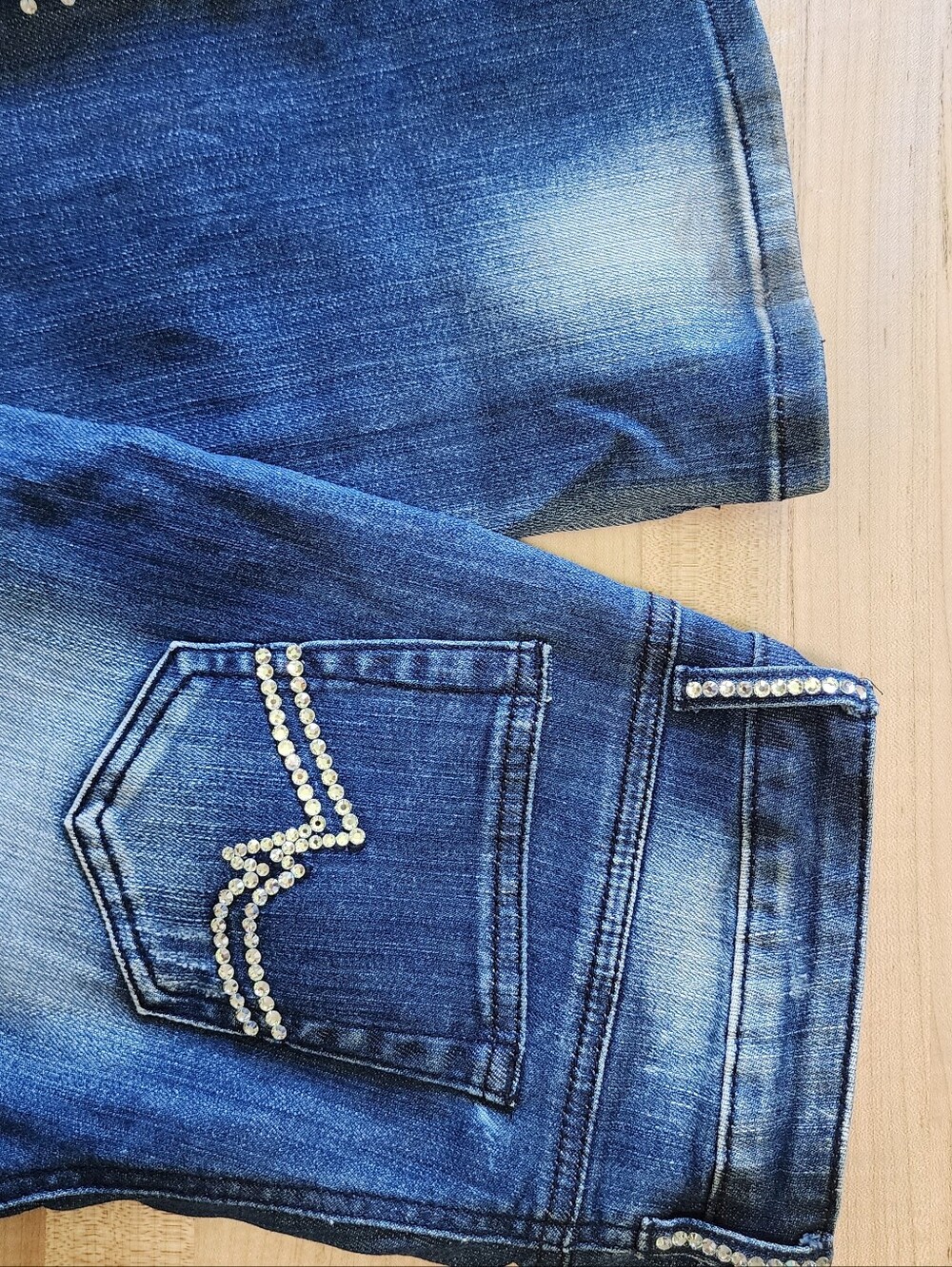 A7 Embellished Blue Flare Lef Jeans with Rhinestone Accents